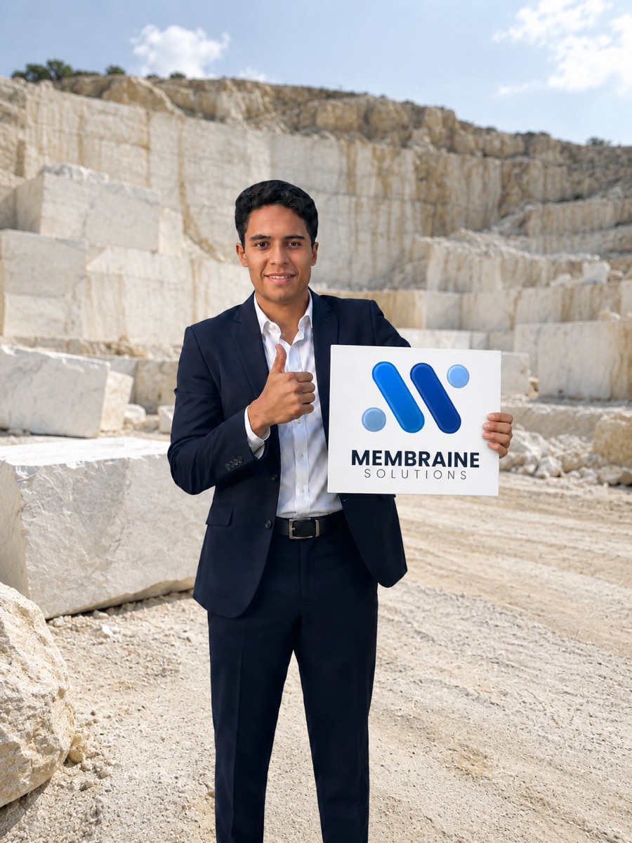 Jose Benavidez, comercial de material de construcción, con el sello de Membraine